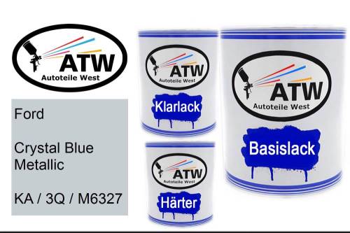 Ford, Crystal Blue Metallic, KA / 3Q / M6327: 1L Lackdose + 1L Klarlack + 500ml Härter - Set, von ATW Autoteile West.